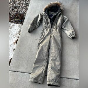 Gorgeous Shimmery Post Card Vintage Women's Tan/Taupe Skisuit with Real Fur Hood